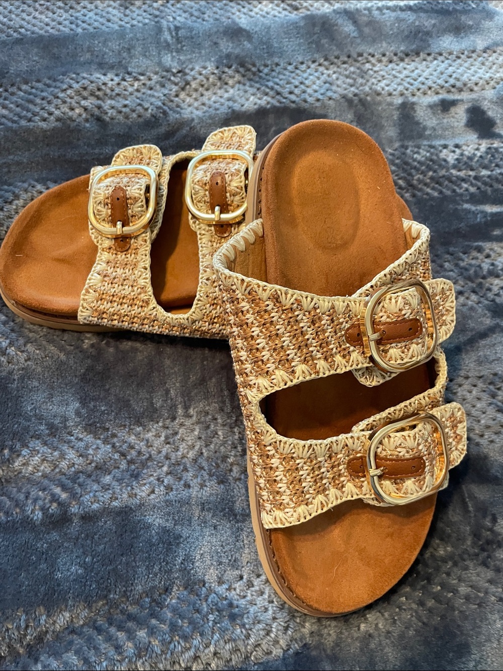 Maurices Woven Straw Double-Buckle Slide Sandals - Tan